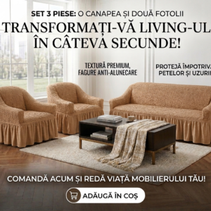 Set Huse Elastice, Canapea 3 Locuri + 2 Fotolii, Creponate, Bej
