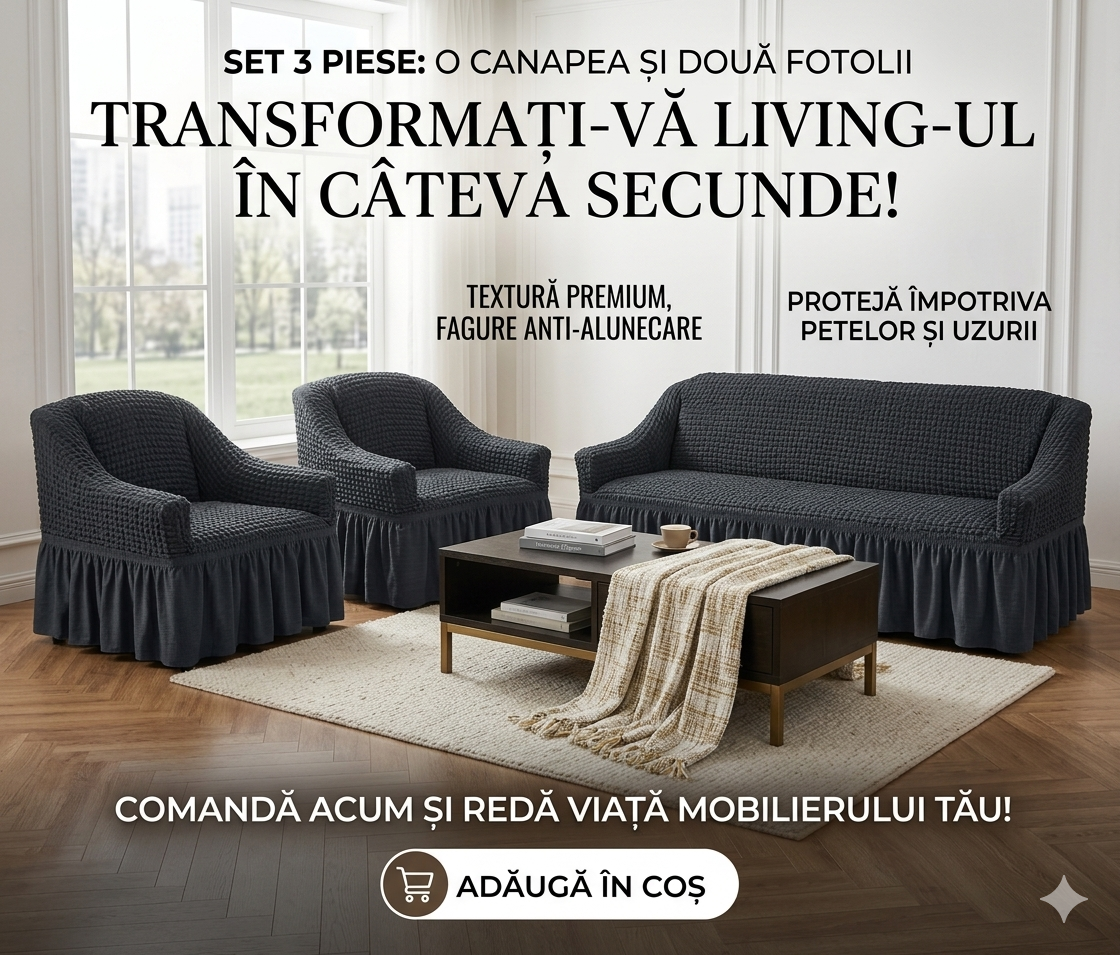 Set Huse Elastice, Canapea 3 Locuri + 2 Fotolii, Creponate