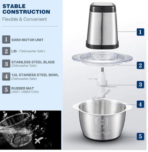 Tocator electric carne si legume, 4 lame inox, 3 viteze, capacitate mare, bol inox 3