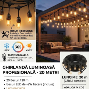Ghirlanda luminoasa,  20M lungime cu 20 Becuri, Interconectabile, Lumina Calda, alimentare priza 220v