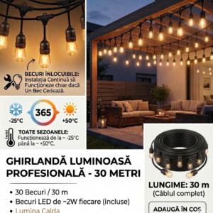 Ghirlanda luminoasa,  30M lungime cu 30 Becuri, Interconectabile, Lumina Calda, alimentare priza 220v (copie)