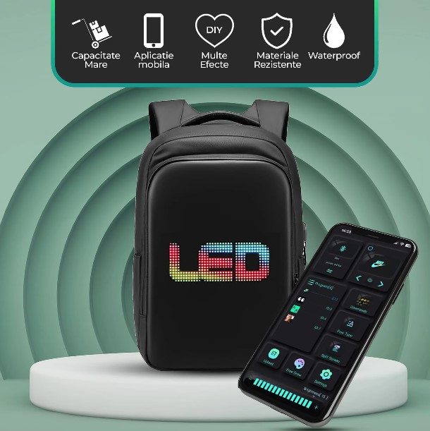 Rucsac Smart cu Display LED, WiFi, USB și Aplicație iOS/Android – Negru, Impermeabil