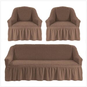 Set Huse Elastice, Canapea 3 Locuri + 2 Fotolii, Creponate, Cafea cu lapte