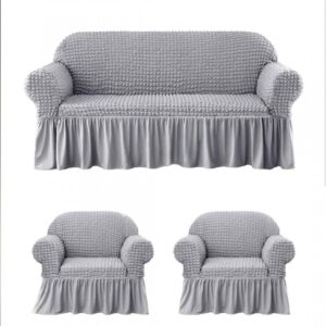 Set Huse Elastice, Canapea 3 Locuri + 2 Fotolii, Creponate, Gri deschis