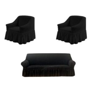 Set Huse Elastice, Canapea 3 Locuri + 2 Fotolii, Creponate, Negru