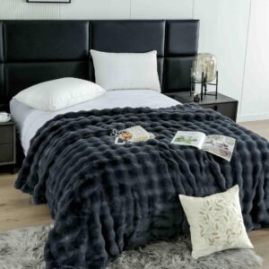 Pătură Cocolino Pufoasă cu Fermoar – Blană Artificială de Iepure, 200x230 cm, gri inchis