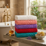 Set 5 prosoape de baie colorate, 100% bumbac, dimensiune 70x130 cm, densitate 500 g/mp