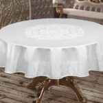 Față de masă rotundă impermeabilă – model Jacquard, diametru 160 cm, Alb