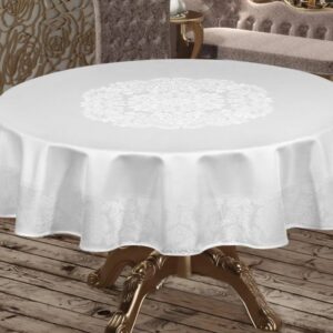 Față de masă rotundă impermeabilă – model Jacquard, diametru 160 cm, Alb