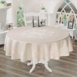 Față de masă rotundă impermeabilă – model Jacquard, diametru 160 cm, Crem