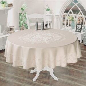 Față de masă rotundă impermeabilă – model Jacquard, diametru 160 cm, Crem