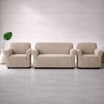 Huse Elastice Lycra pentru Canapea 3 Locuri și 2 Fotolii, Crem
