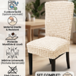 Set 6x Huse elastice universale pentru scaune – Material rezistent, lavabil, montare rapidă, Crem