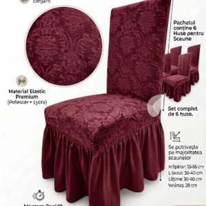 Set 6 Huse Elastice pentru Scaune cu volanas Jacquard, Bordo