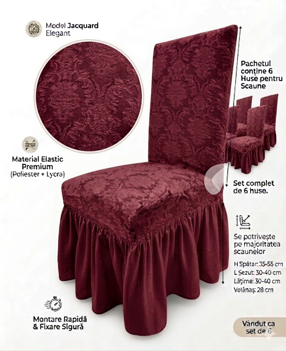 Set 6 Huse Elastice pentru Scaune cu volanas Jacquard, Bordo