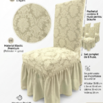 Set 6 Huse Elastice pentru Scaune cu volanas Jacquard, Crem