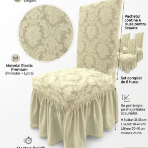 Set 6 Huse Elastice pentru Scaune cu volanas Jacquard, Crem