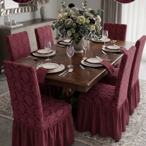 Set 6 Huse Elastice pentru Scaune cu volanas Jacquard, Bordo