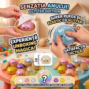 Jucărie Antistres Squishy Dumpling cu Sclipici, Gălușcă Senzorială Moale, Culoare Surpriză, 10 cm